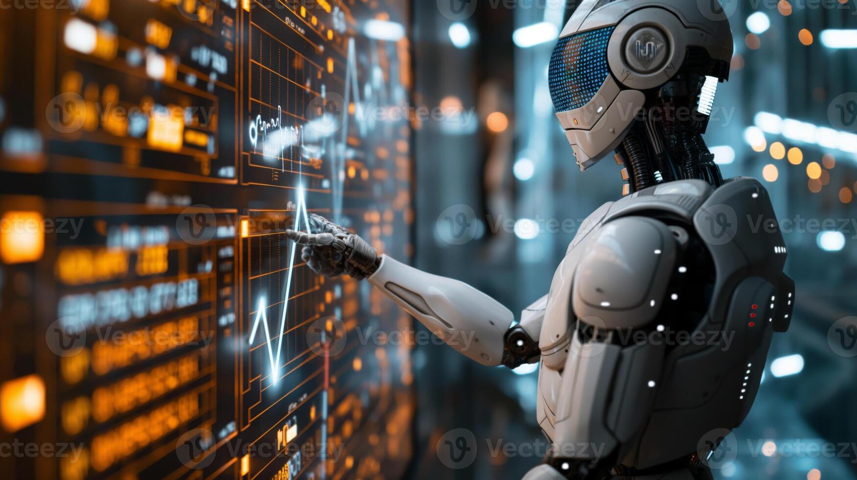 A futuristic robot with a sleek design interacts with a digital interface, showcasing advanced technology. photo