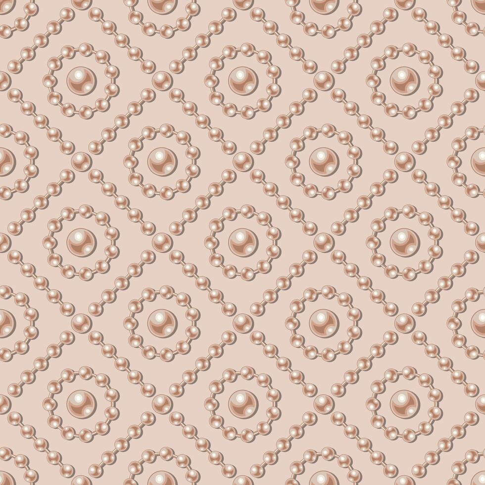 Diagonal cross line square grid pattern with pearl beads on beige background. Vintage style. vector