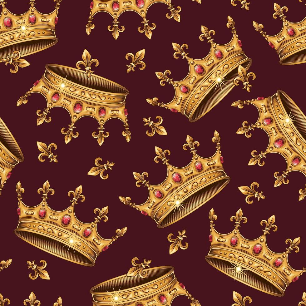 Vintage seamless pattern with medieval golden crown, fleur de lis sign. Chaotic scattered objects on dark red background. Luxury kitsch style. vector
