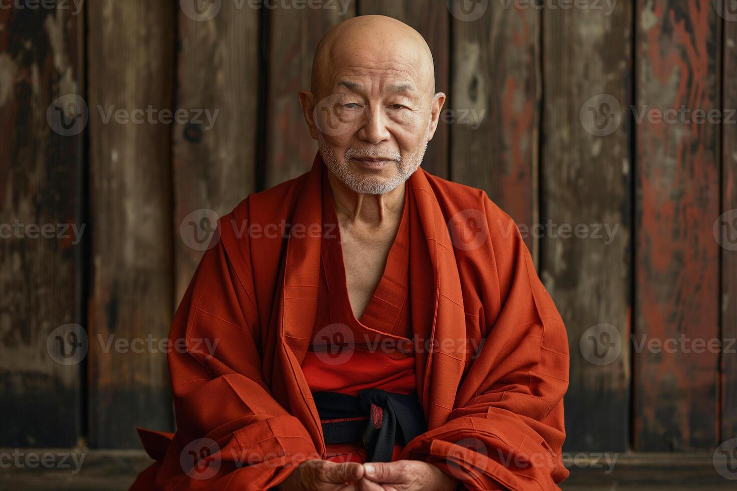 An elderly Asian man in deep contemplation, wearing a vibrant orange robe, surrounded by rustic wooden walls. photo