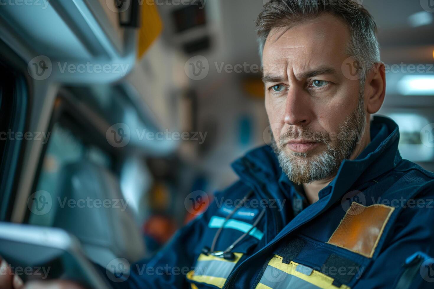 Focused male paramedic in uniform, deeply engaged while checking a tablet in the ambulance, reflecting determination. photo