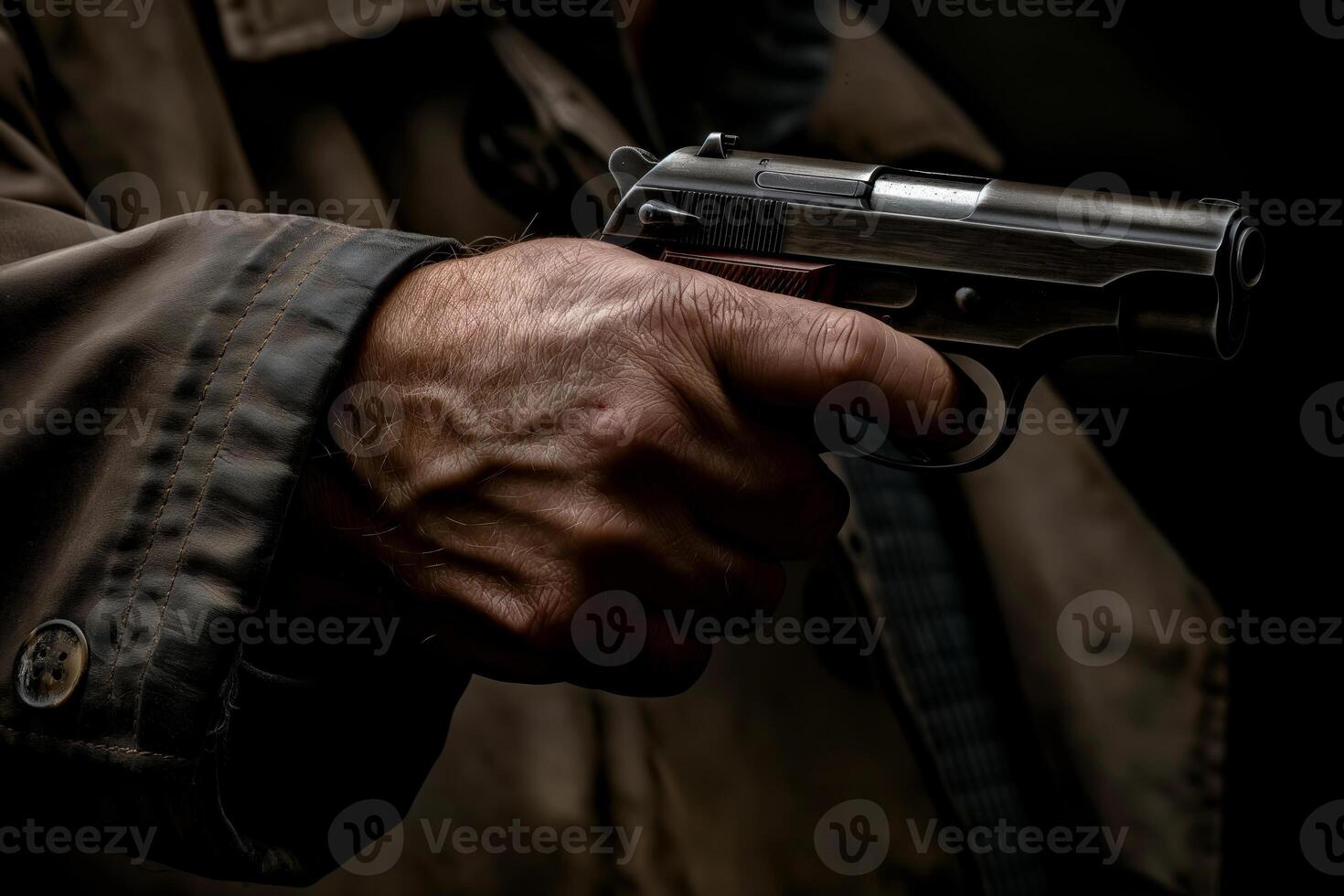 A close-up of a man's hand holding a sleek handgun, wearing a beige coat, exuding a tense and dramatic atmosphere. photo