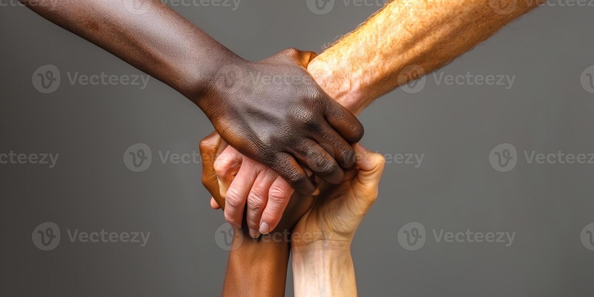 A group of diverse hands unite, showcasing solidarity and strength against a neutral background. photo