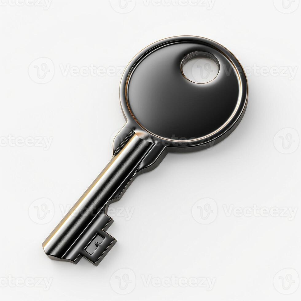 A shiny black key lying on a white surface, symbolizing security and access. photo