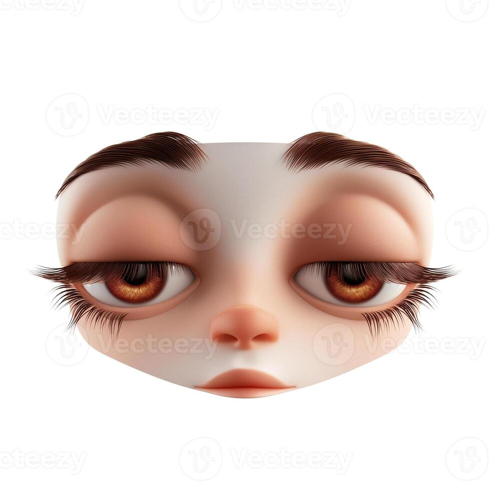 A captivating cartoon-like character face with large, expressive brown eyes and exaggerated features against a white background. photo