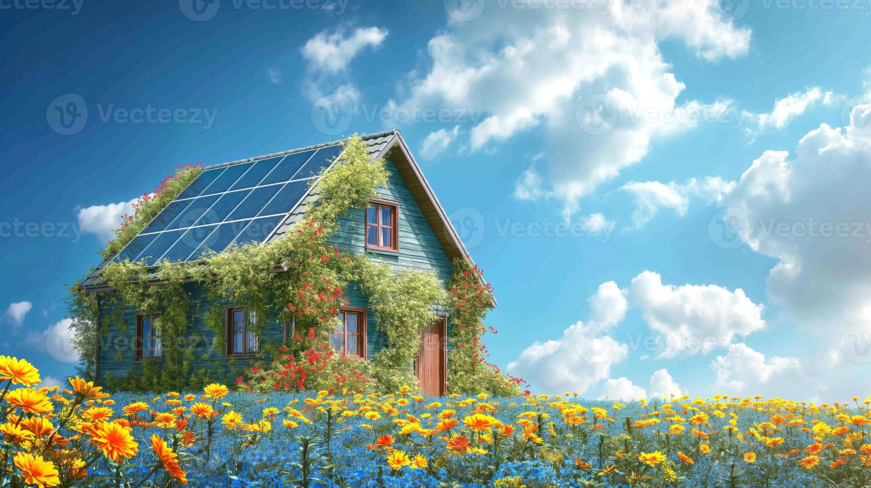 Beautiful eco-friendly house surrounded by vibrant flowers and a clear blue sky. photo