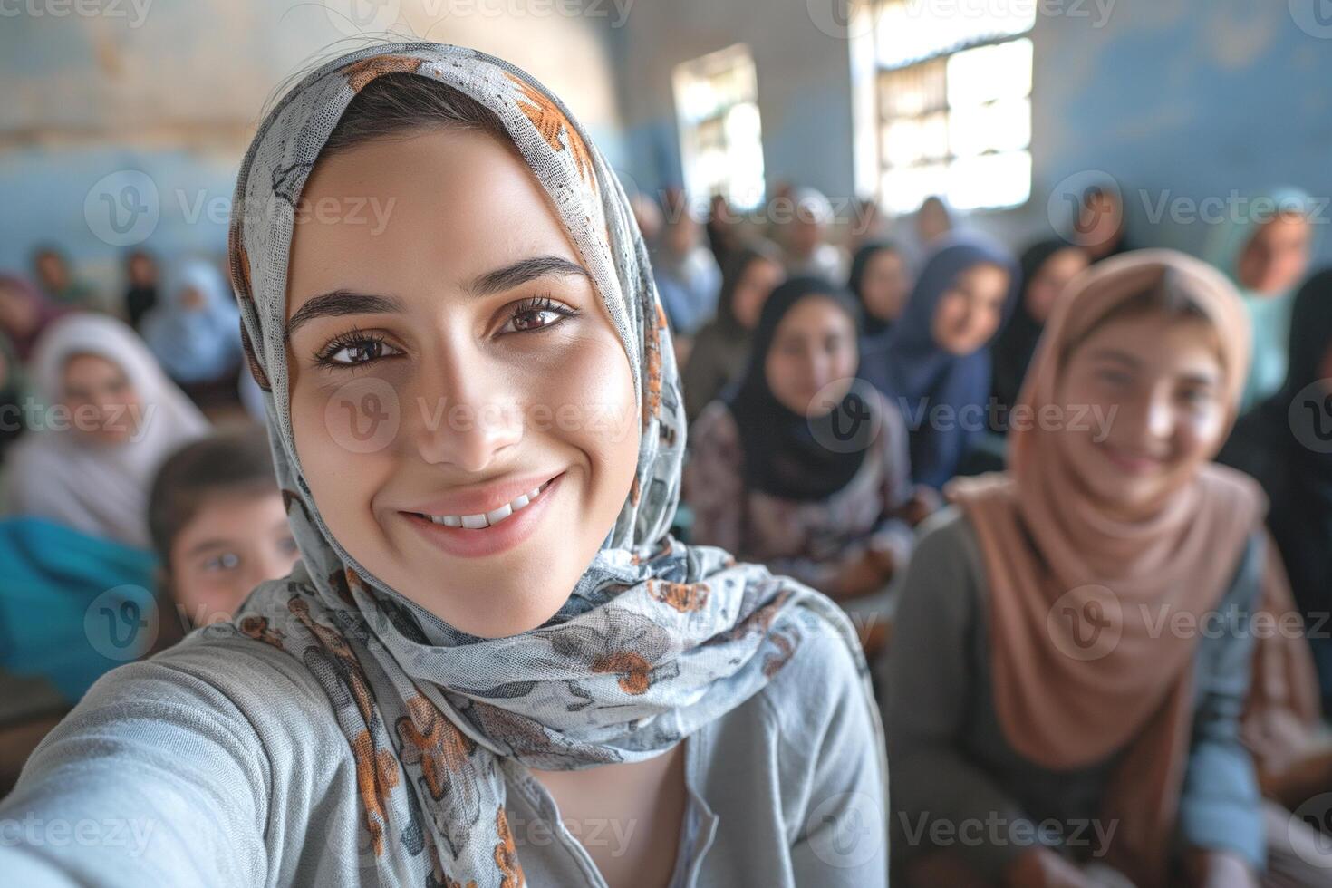 A smiling young Middle Eastern woman in a headscarf captures a joyful moment with classmates in a lively classroom setting. photo