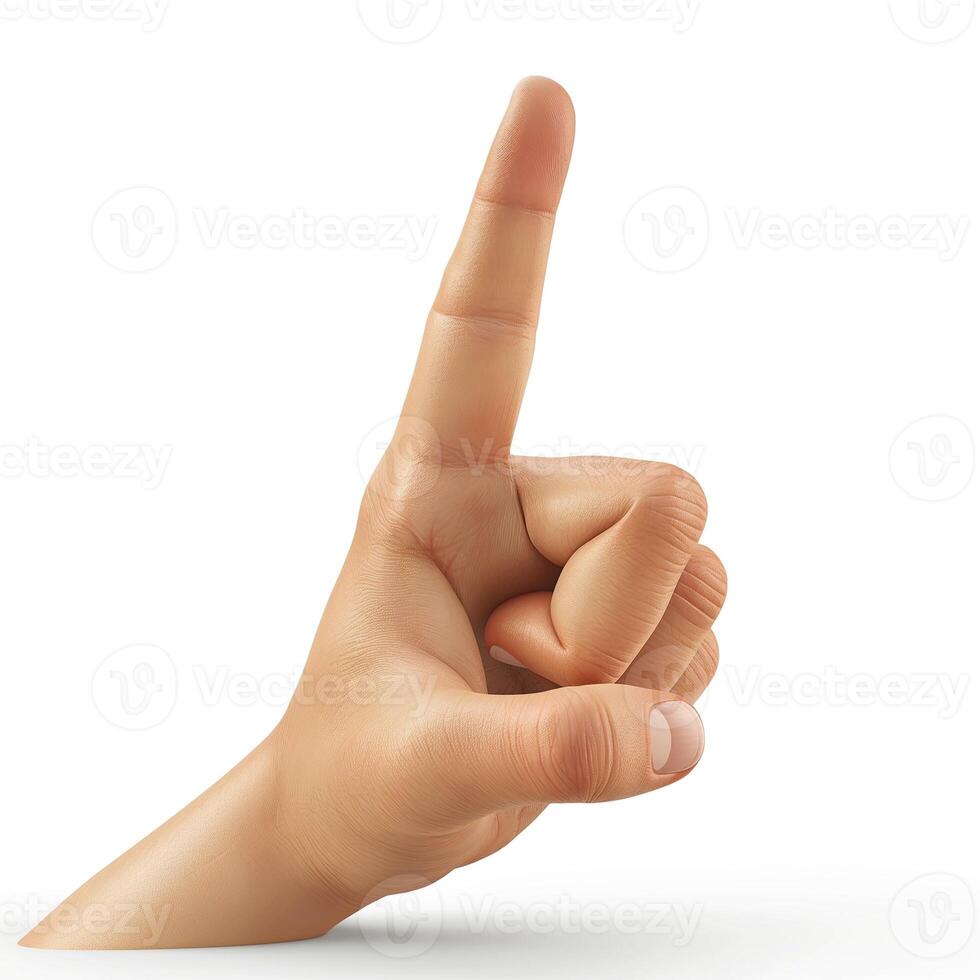A human hand with a raised index finger, symbolizing a call for attention or emphasizing a point. photo