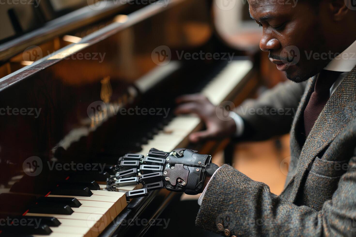 A Black man in a brown suit playing a piano with robotic hands, blending technology and artistry. photo