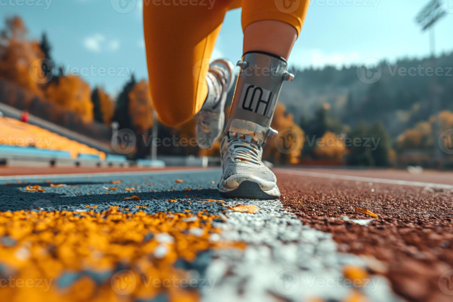 A runner wearing a leg brace pushes through a track during autumn, showcasing determination despite challenges. photo
