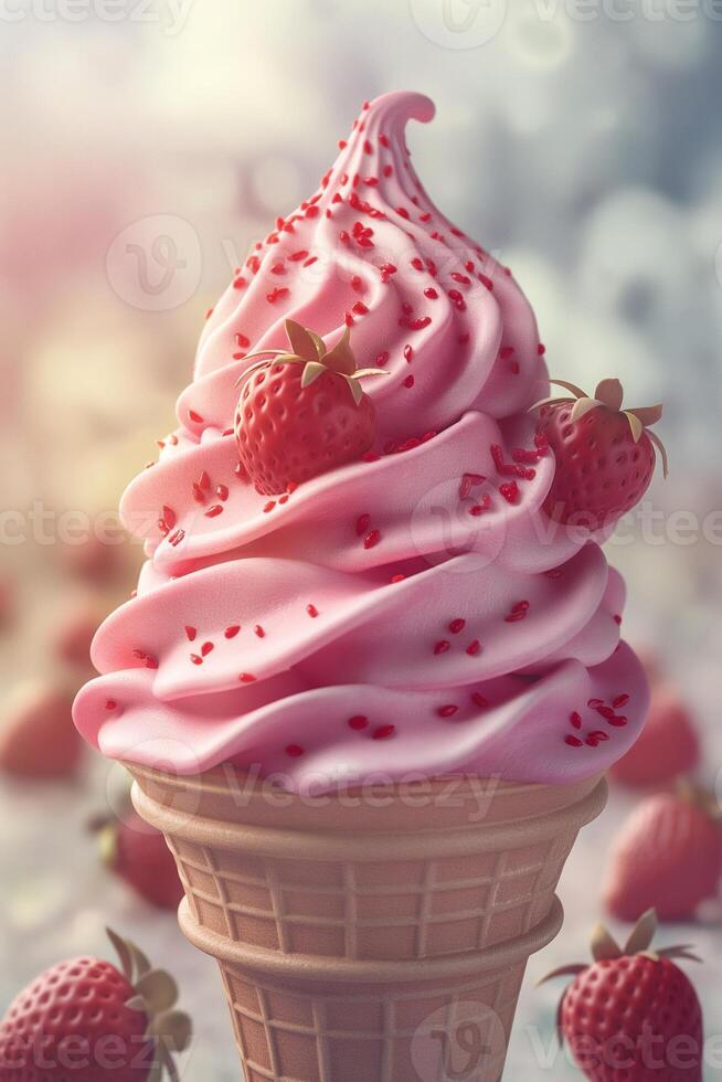 Delicious strawberry swirl ice cream topped with fresh strawberries, served in a classic waffle cone. photo