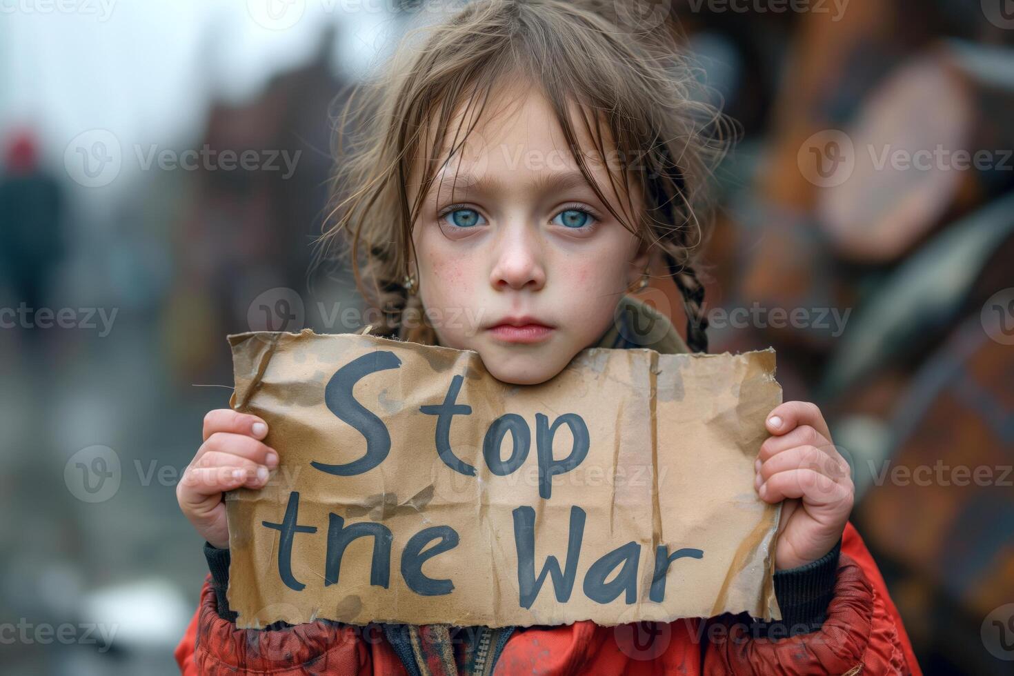A young Caucasian girl in a tattered coat holding a sign that reads 'Stop the War,' conveying a powerful message of peace. photo