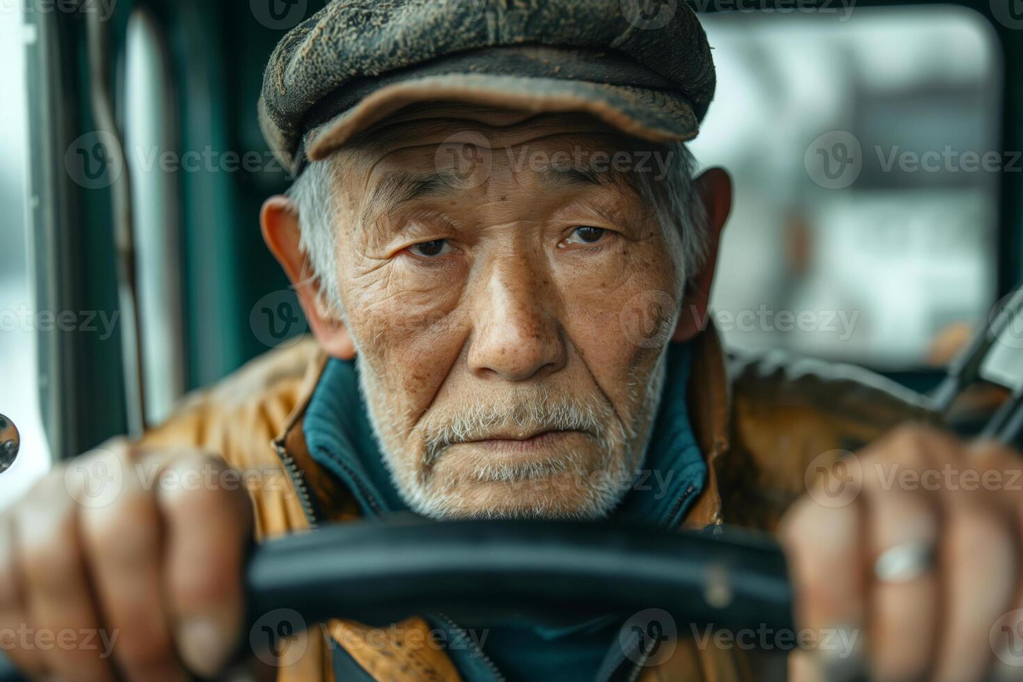 An elderly Asian man intently grips the steering wheel, showcasing wisdom and determination in his expression. photo