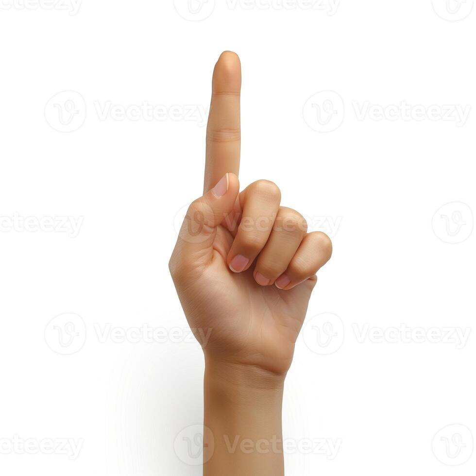 A graceful hand gesture of a woman, signaling 'number one' against a clean, white background. photo
