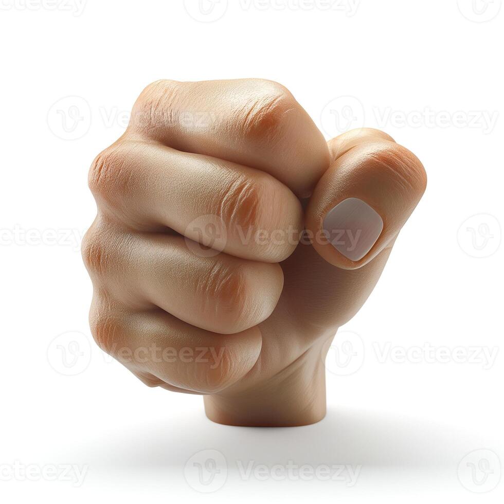 A close-up of a realistic male fist, symbolizing strength and determination, against a clean white background. photo