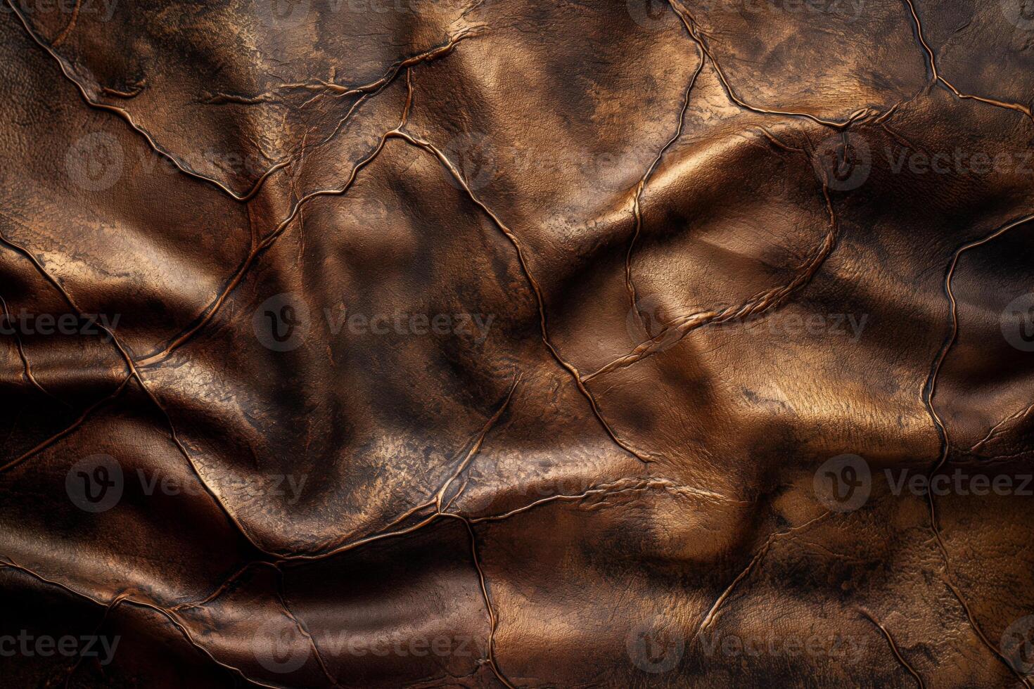 Close-up of a luxurious, crumpled leather texture in rich brown tones, showcasing its unique patterns and intricate details. photo