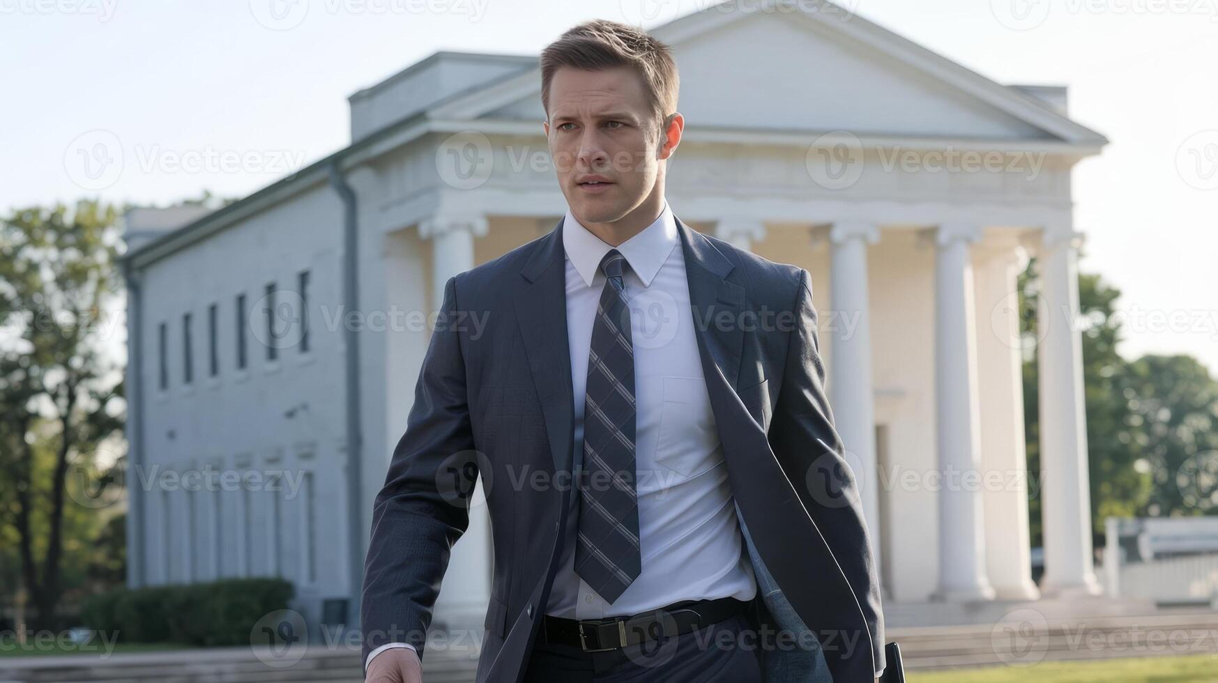 A man in a suit and tie walking in front of a building photo