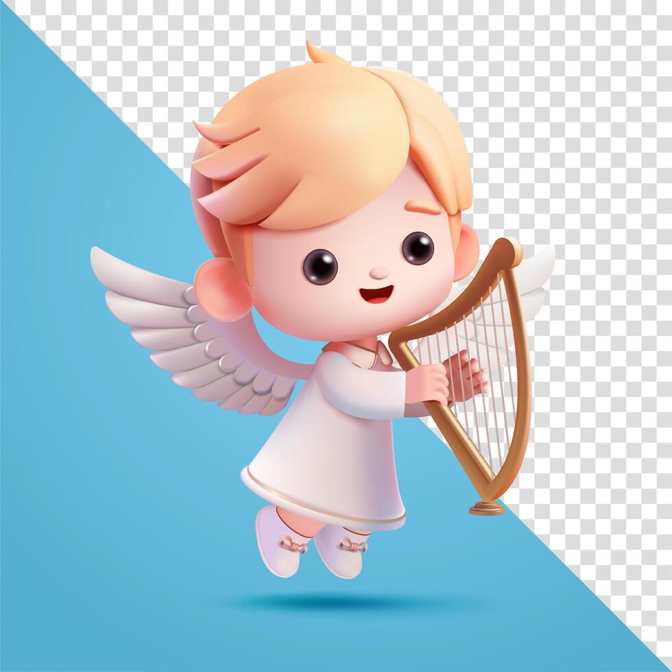 Cute angel child playing the harp, 3d. Suitable for events, advertising, valentine and love vector