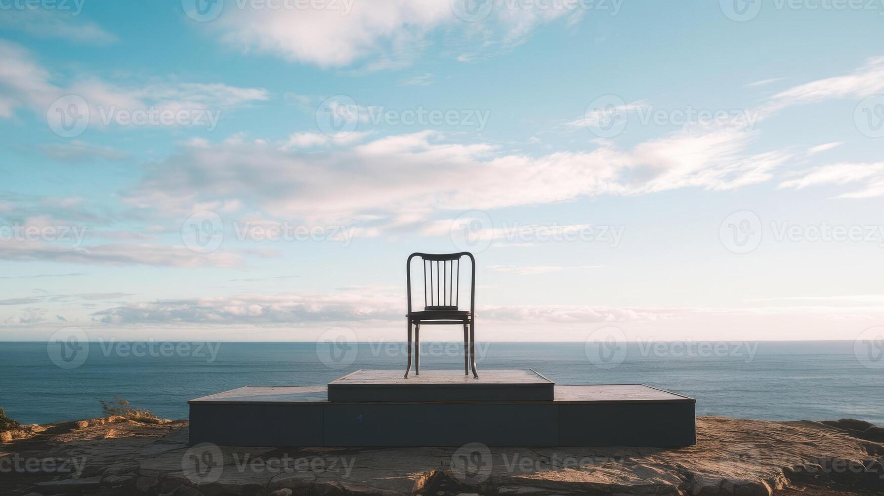 A chair sitting on top of a rock overlooking the ocean photo
