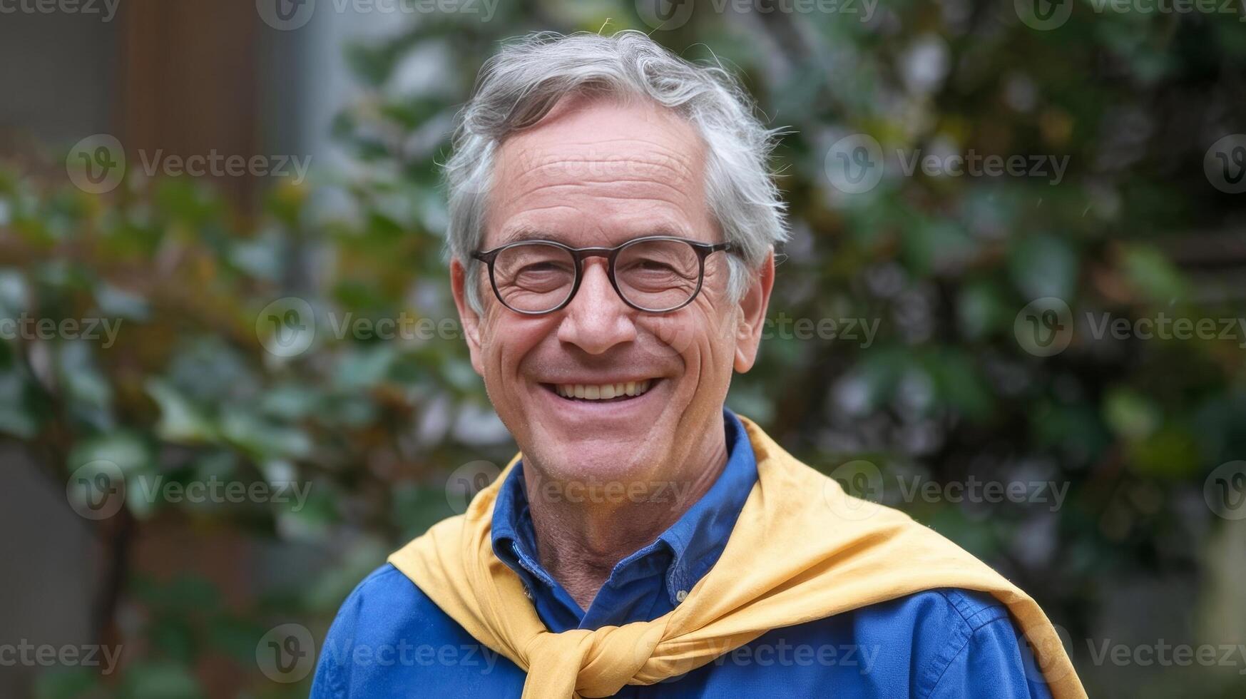 A smiling older man wearing glasses and a yellow scarf photo