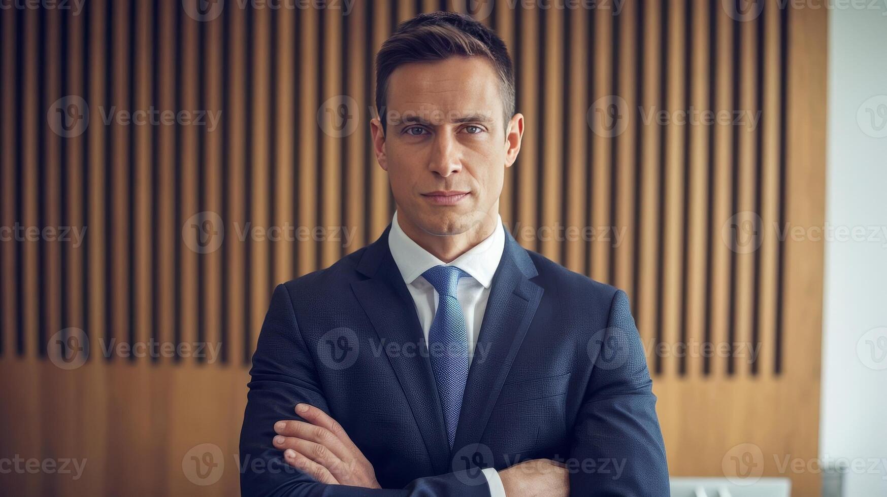A man in a suit and tie standing in front of a wooden wall photo