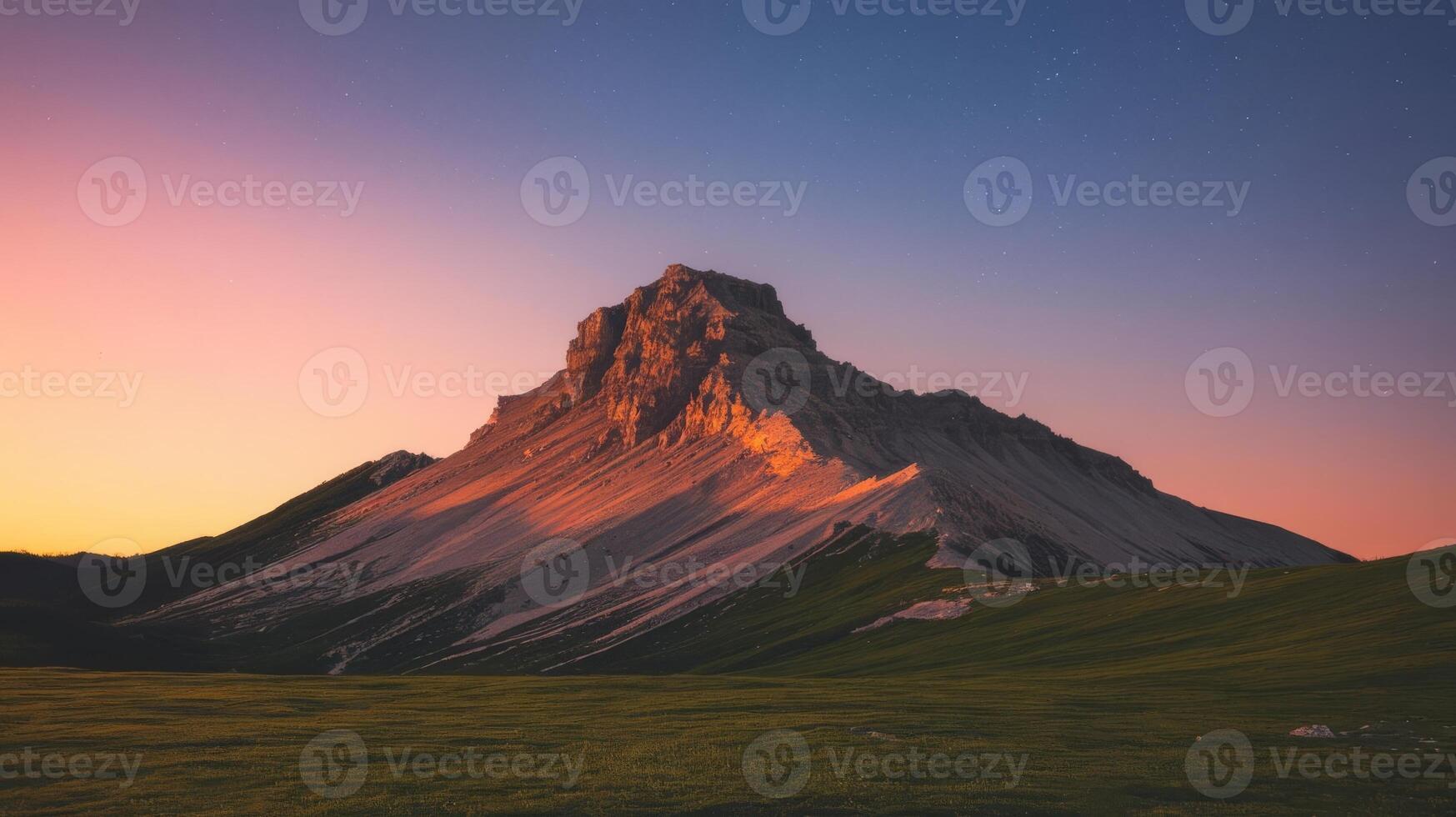 A mountain at sunset with a green field photo