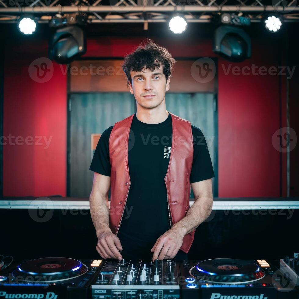A man in a red vest standing in front of a dj mixer photo