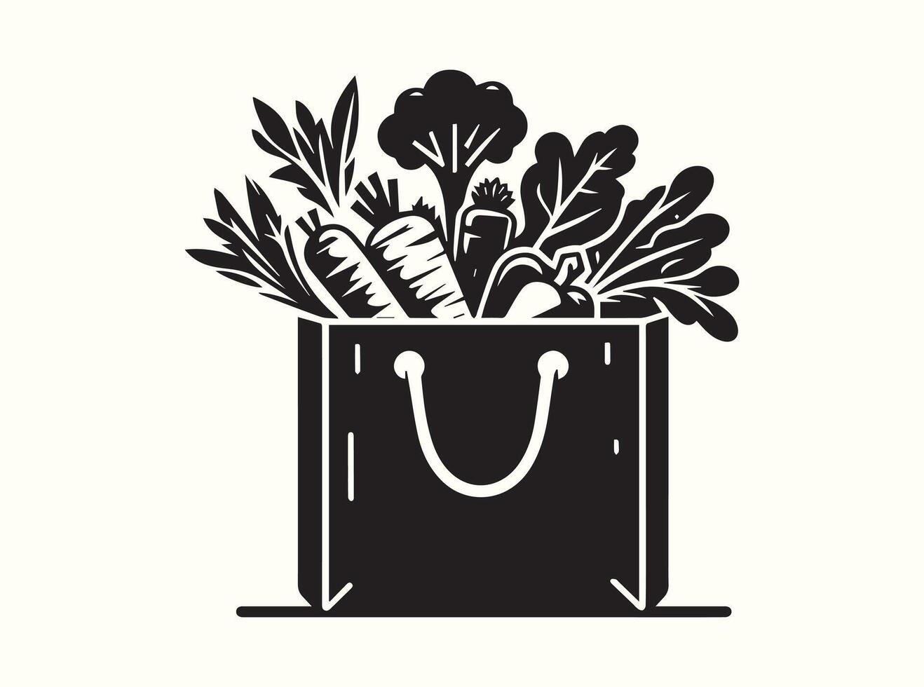 Grocery Bag Filled with Vegetables, Solid Black Silhouette vector