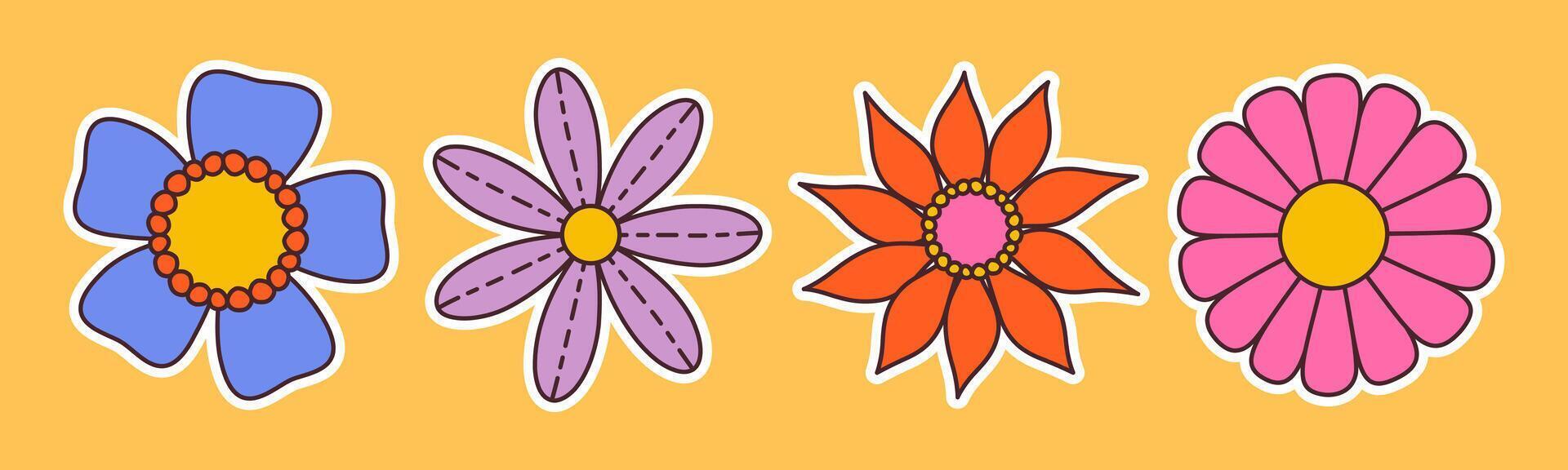 Contemporary fun groovy floral set. Hand drawn trendy flat style isolated simple naive flowers. Groovy flower Sticker pack in retro trippy style. Hippie doodle style illustration set vector