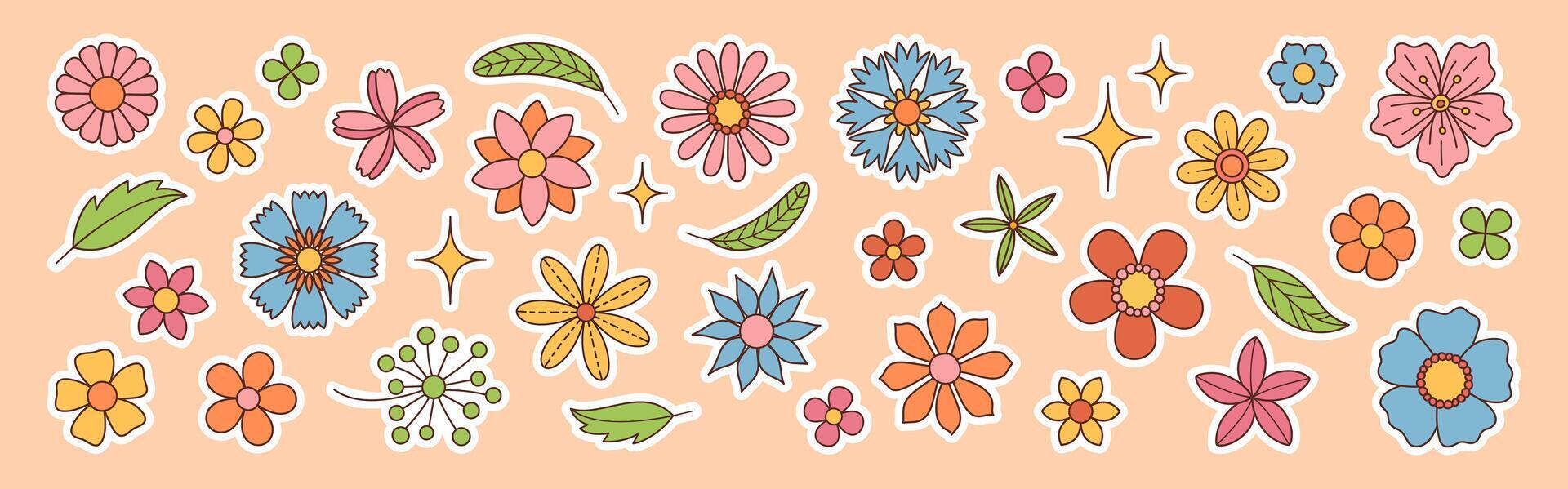 Contemporary fun groovy floral stickers big set. Hand drawn trendy flat style isolated simple naive flowers. Groovy flower Sticker pack in retro trippy style. Hippie 70s doodle style illustration set vector