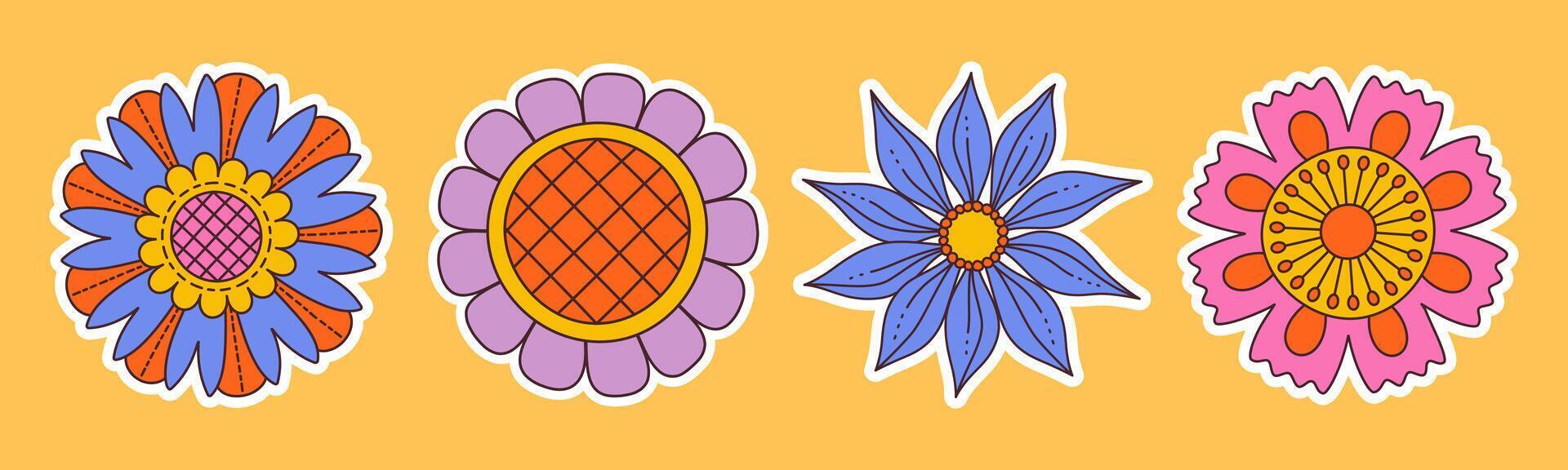 Contemporary fun groovy floral sticker set. Hand drawn trendy flat style isolated simple naive flowers. Groovy flower Sticker pack in retro trippy style. Hippie 70s doodle style illustration set vector