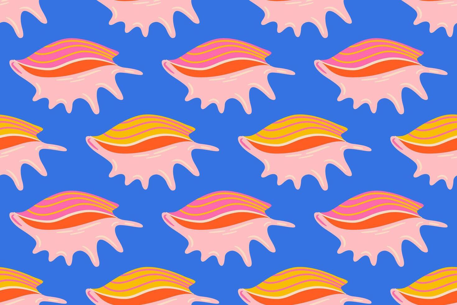 Seamless pattern with pink and yellow sea shells. Hand drawn trendy flat style seashell. Tropical beach shells. Summer seamless pattern vector