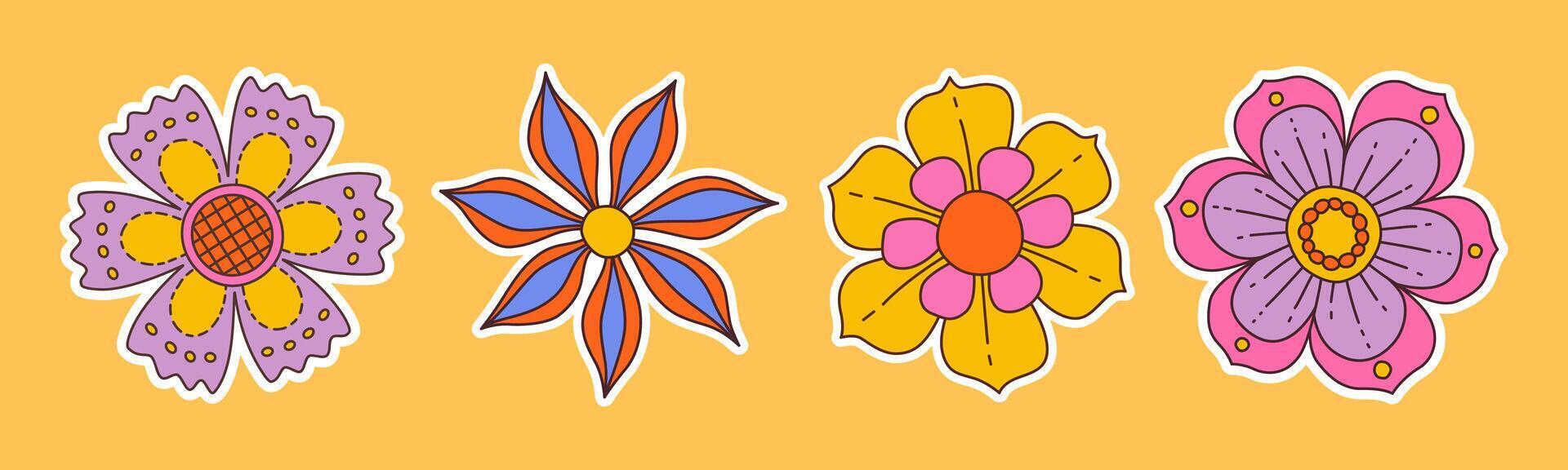 Fun groovy floral sticker set. Hand drawn flat style isolated simple naive flowers. Groovy flower Sticker pack in retro trippy style. Hippie 70s doodle style illustration set vector