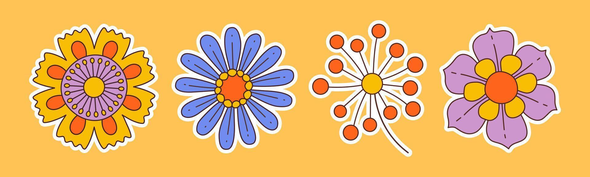 Contemporary fun groovy floral sticker set. Hand drawn trendy flat style isolated simple naive flowers. Groovy flower Sticker pack in retro trippy style. Hippie 70s doodle style set vector