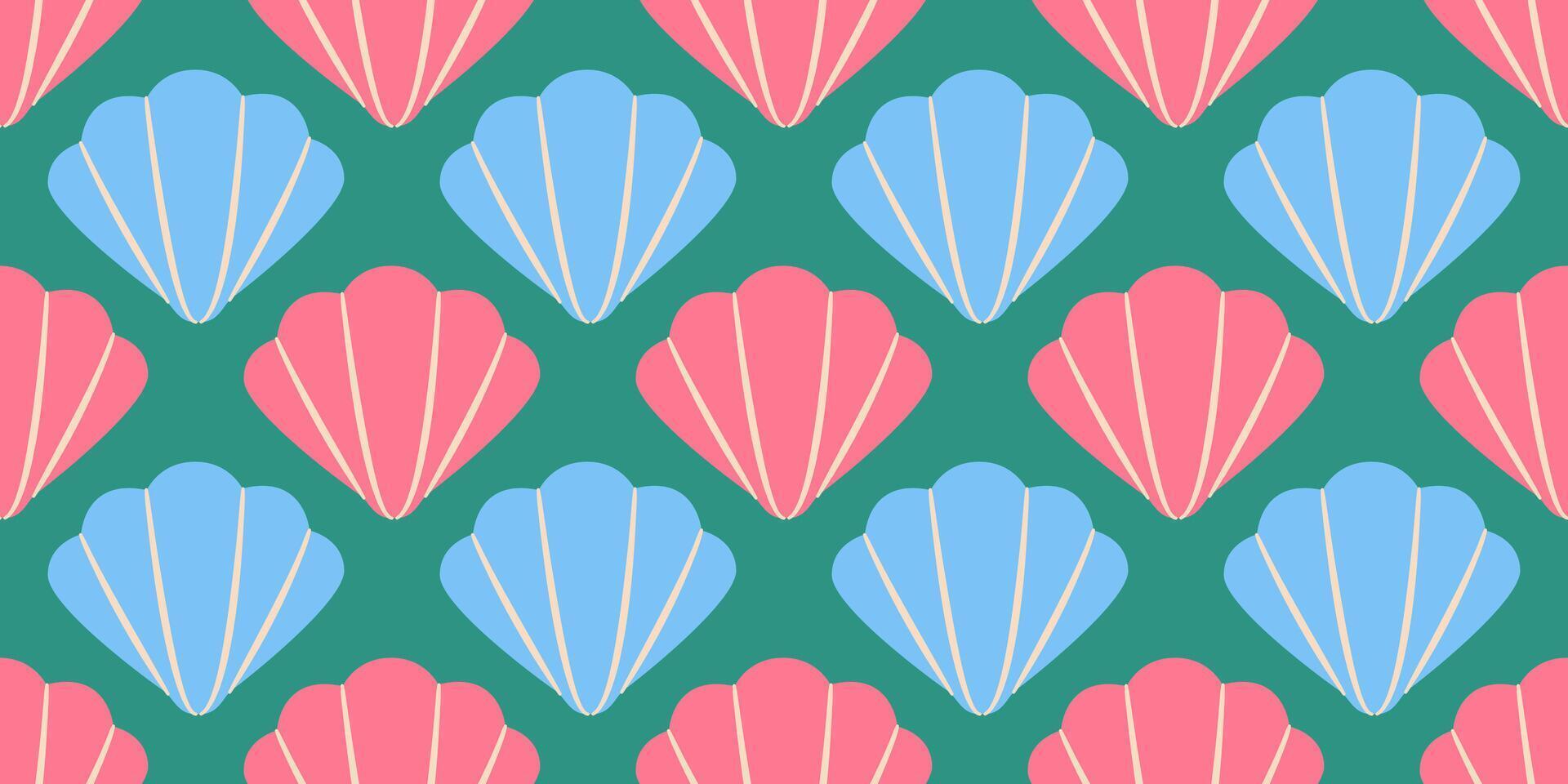 Seamless pattern with pink and blue sea shells. Hand drawn trendy flat style seashell. Tropical beach shells. Summer seamless pattern vector