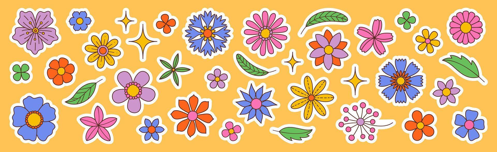 Contemporary fun groovy floral set. Hand drawn trendy flat style isolated simple naive flowers. Groovy flower Sticker pack in retro trippy style. Hippie 60s, 70s doodle style illustration big set vector