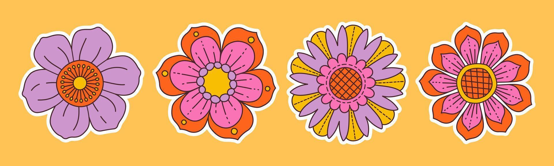 Contemporary fun groovy floral set. Hand drawn trendy flat style isolated simple naive flowers. Groovy flower Sticker pack in retro trippy style. Hippie 60s, 70s doodle style vector