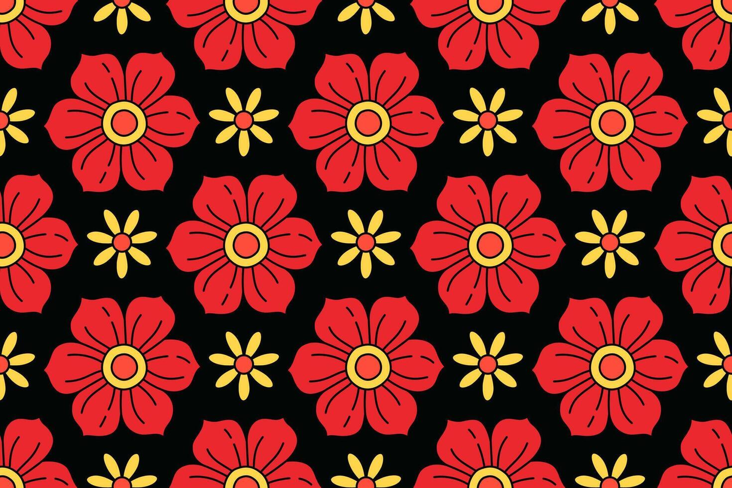 Vibrant red black seamless floral pattern with retro and playful design. Contrasting hues, groovy aesthetic hippie culture 60s and 70s for fashion, interior design branding, textiles or wrapping paper vector