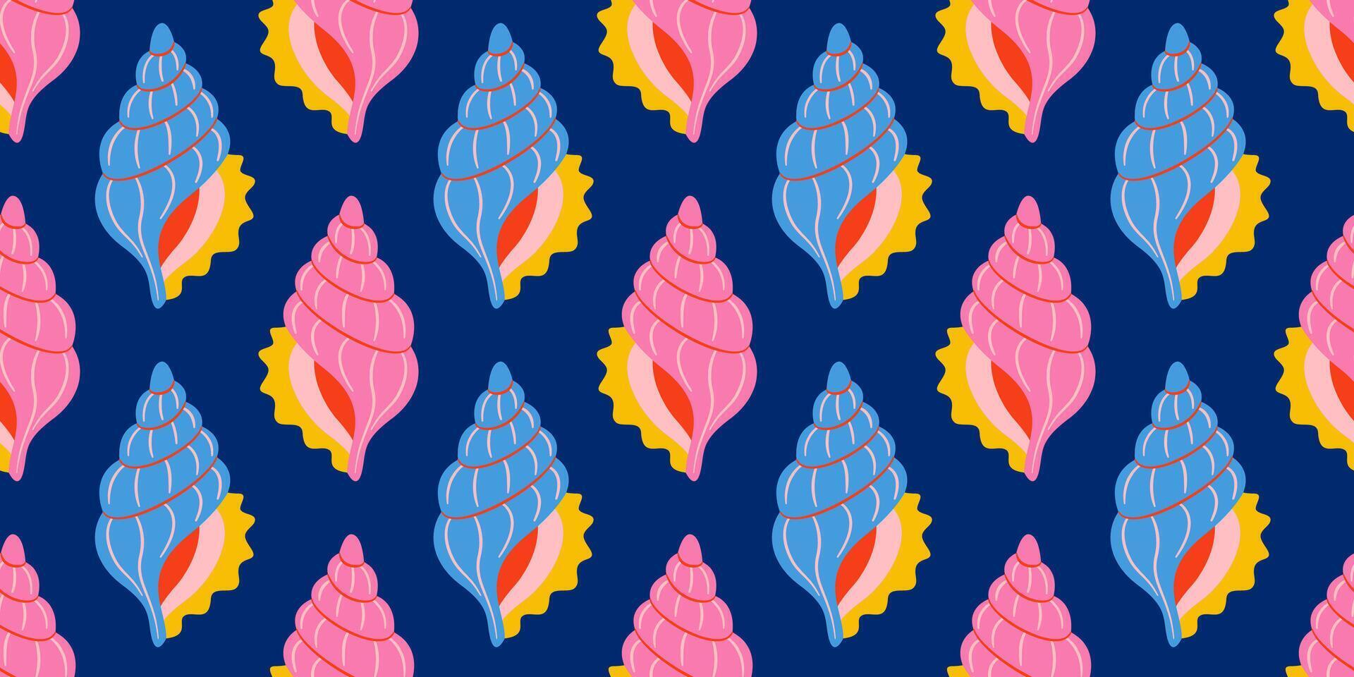 Seamless pattern with pink, blue and yellow sea shells. Hand drawn trendy flat style seashell. Tropical beach shells. Summer seamless pattern vector
