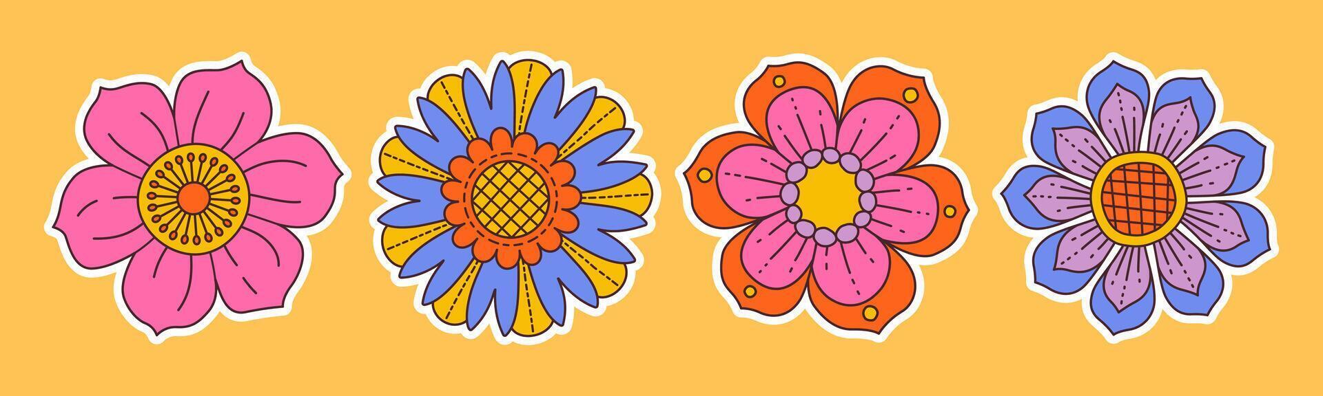 Fun groovy floral sticker set. Hand drawn trendy flat style isolated simple naive flowers. Groovy flower Sticker pack in retro trippy style. Hippie 70s doodle style set vector