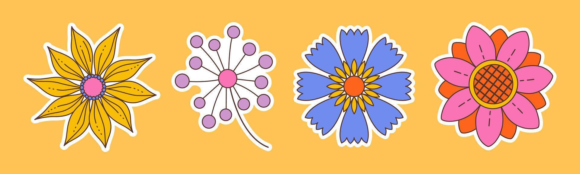 Contemporary fun groovy floral sticker set. Hand drawn trendy flat style isolated simple naive flowers. Groovy flower Sticker pack in retro style. Hippie 70s doodle style set vector