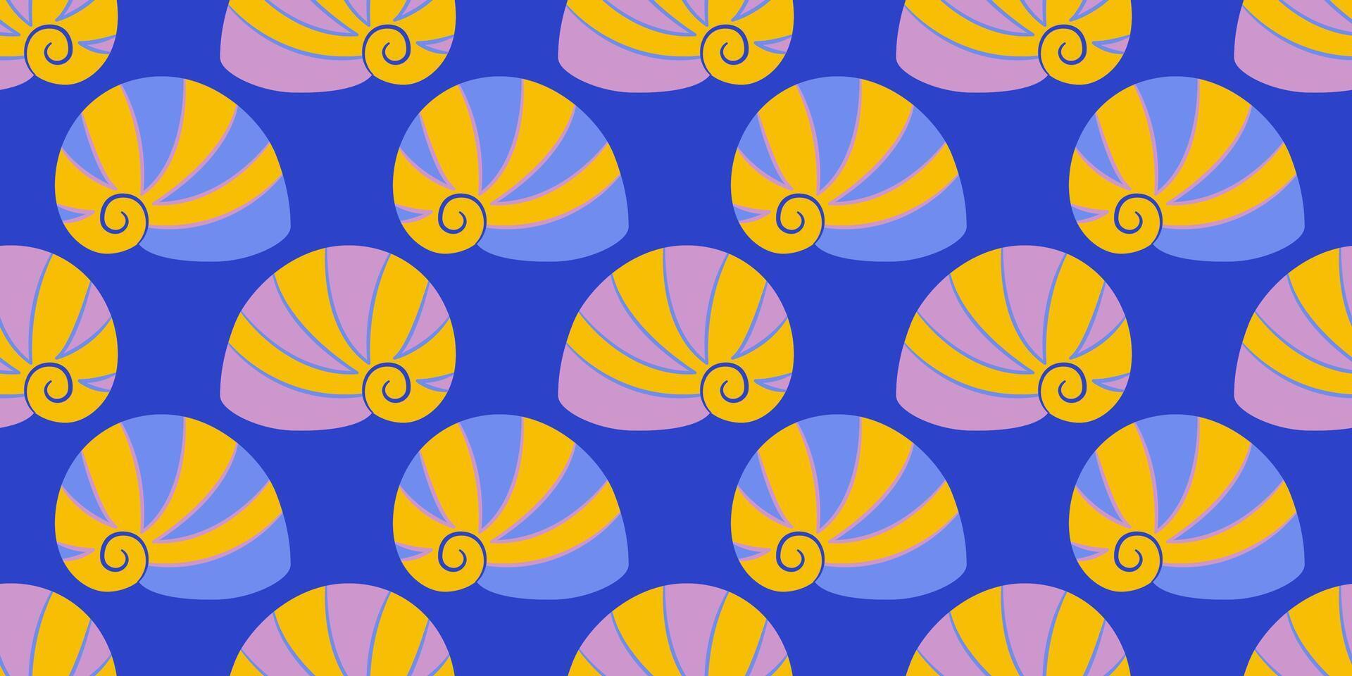 Seamless pattern with blue and lilac sea shells. Hand drawn trendy flat style seashell. Tropical beach shells. Summer seamless pattern vector