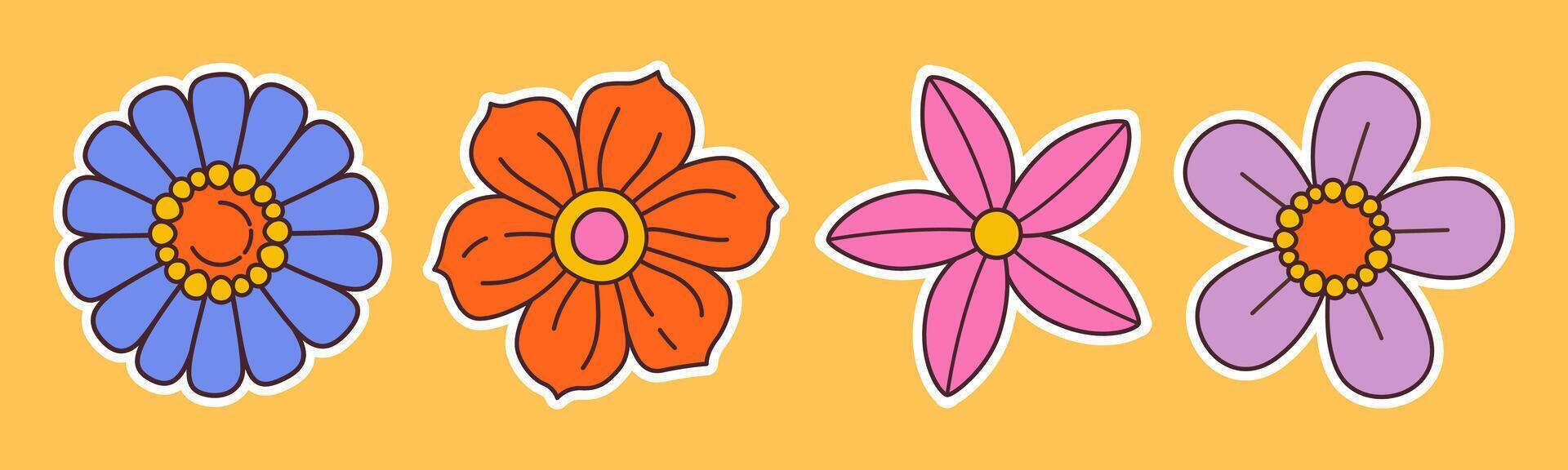Contemporary fun groovy floral set. Hand drawn trendy flat style isolated simple naive flowers. Groovy flower Sticker pack in retro trippy style. Hippie 60s, 70s doodle style illustration set vector