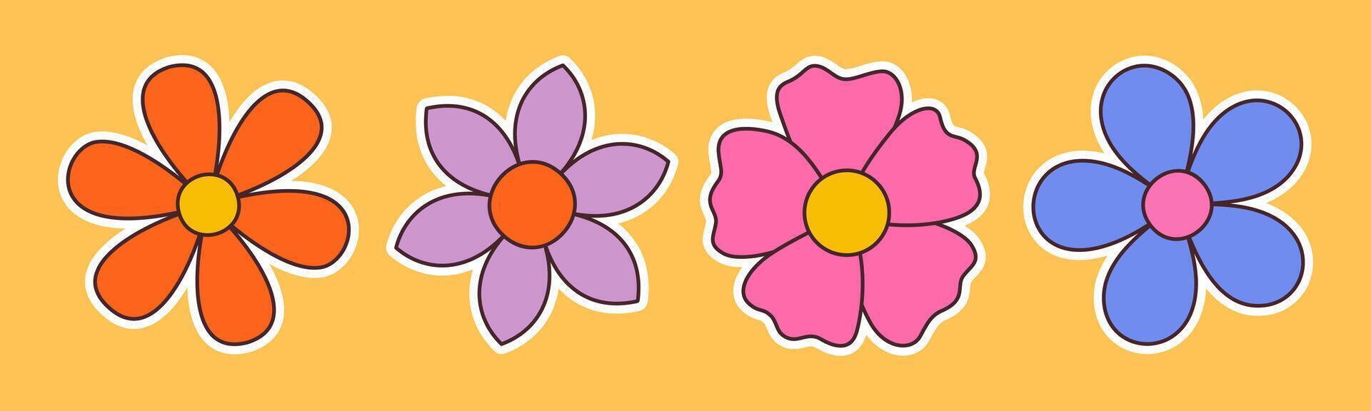 Contemporary fun groovy floral sticker set. Hand drawn trendy flat style simple naive flowers. Groovy flower Sticker pack in retro style. Hippie 70s doodle style illustration set vector
