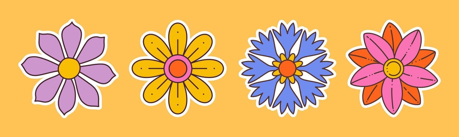 Contemporary fun groovy floral sticker set. Hand drawn trendy flat style simple naive flowers. Groovy flower Sticker pack in retro style. Hippie doodle style illustration set vector