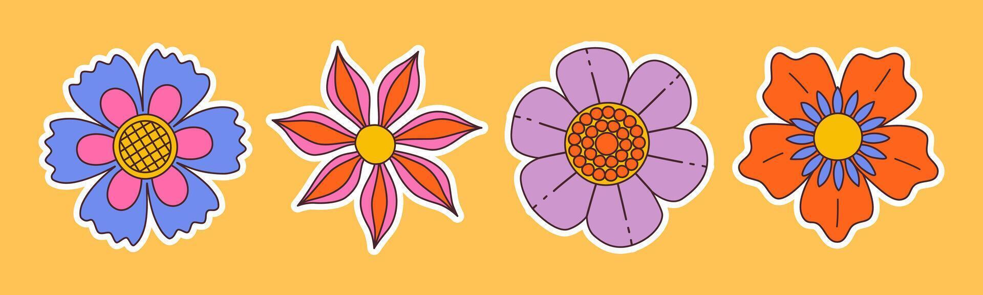 Contemporary fun groovy floral set. Hand drawn trendy flat style isolated simple naive flowers. Groovy flower Sticker pack in retro trippy style. Hippie 60s, 70s doodle style. illustration vector