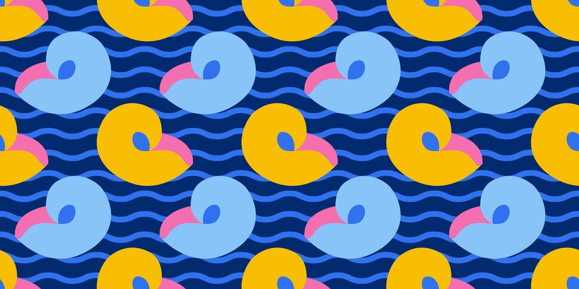Seamless pattern with pink, blue and yellow sea shells. Hand drawn trendy flat style exotic seashell. Tropical beach shells. Summer seamless pattern vector