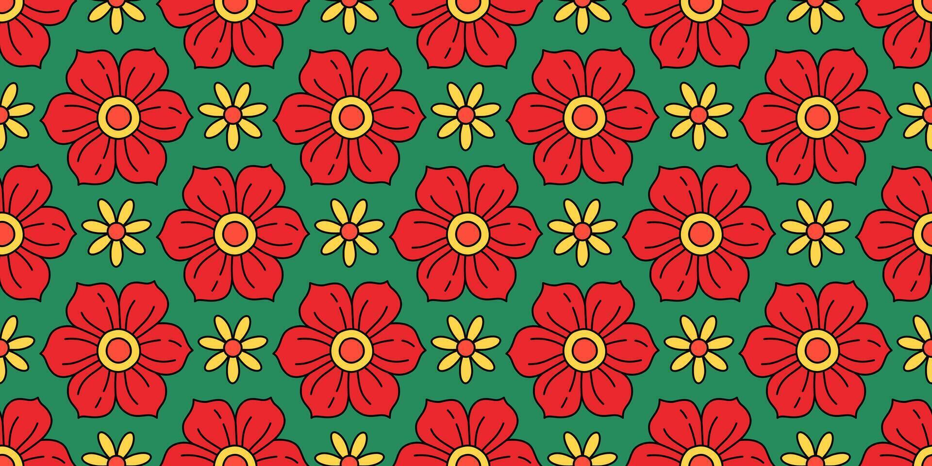 Vibrant seamless floral pattern with retro and playful design. Contrasting hues, groovy aesthetic hippie culture 60s and 70s for fashion, interior design branding, textiles, wrapping paper vector