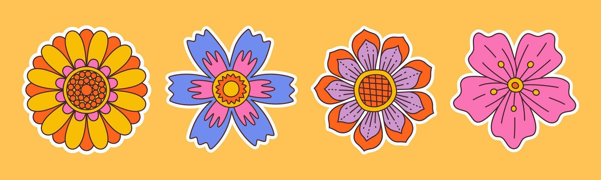 Fun groovy floral sticker set. Hand drawn trendy flat style isolated simple naive flowers. Groovy flower sticker pack in retro trippy style. Hippie 70s doodle style illustration set vector