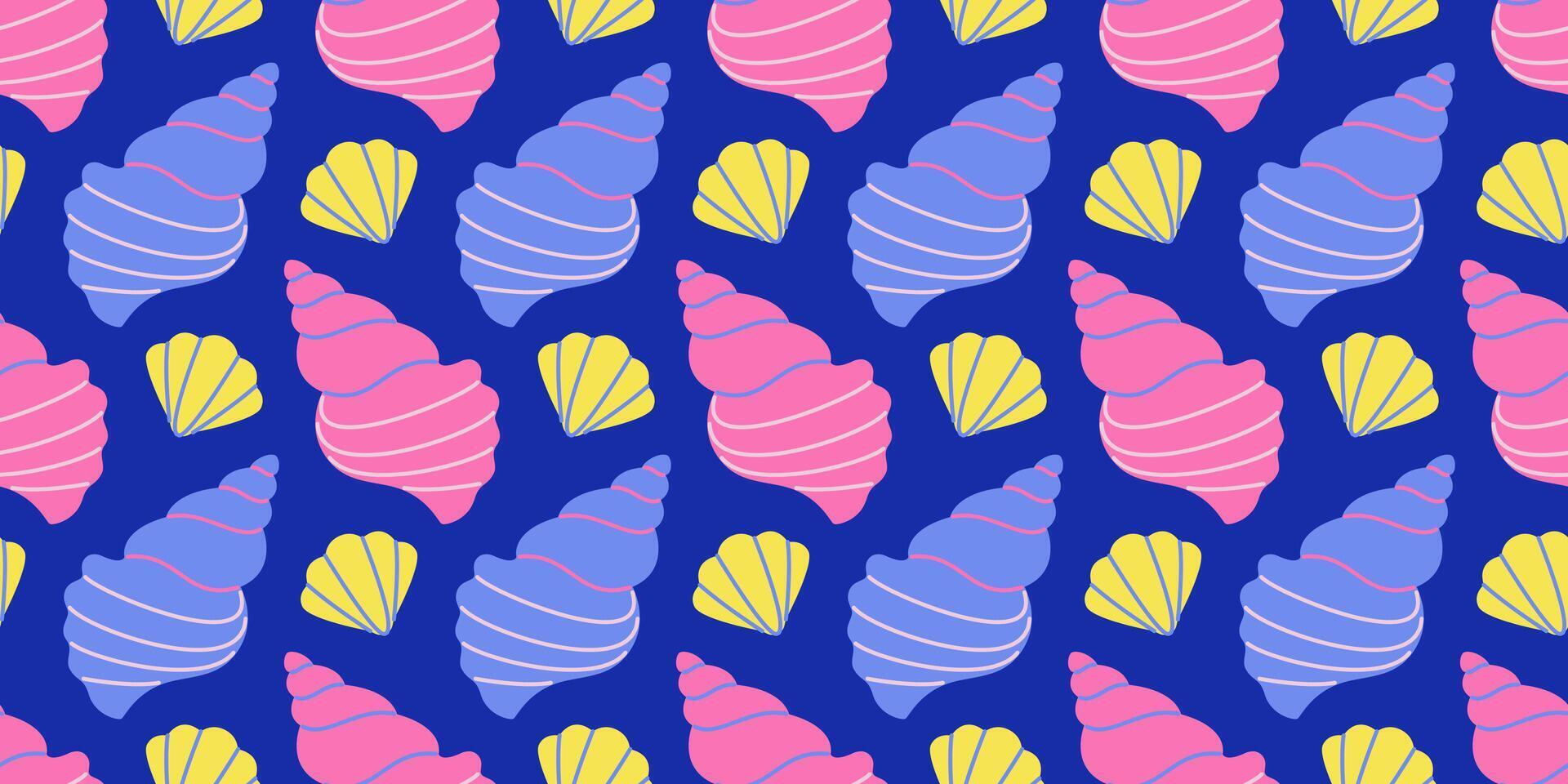 Seamless pattern with blue, pink and yellow sea shells Hand drawn trendy flat style seashell. Tropical beach shells. Summer seamless pattern. illustration vector